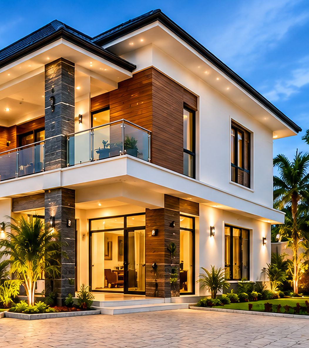 Two-storey modern residence with balconies and landscaped forecourt