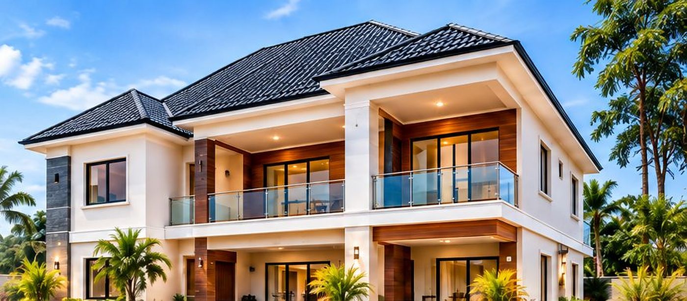 Modern two-storey residence with balconies, palms and paved forecourt